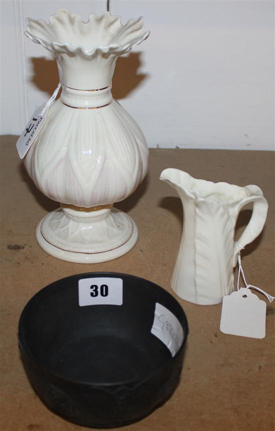 Belleek vase, Worcester jug & basalt bowl